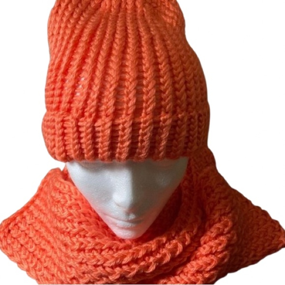 HANDMADE vibrant orange salmon knit beanie hat and scarf set for adults